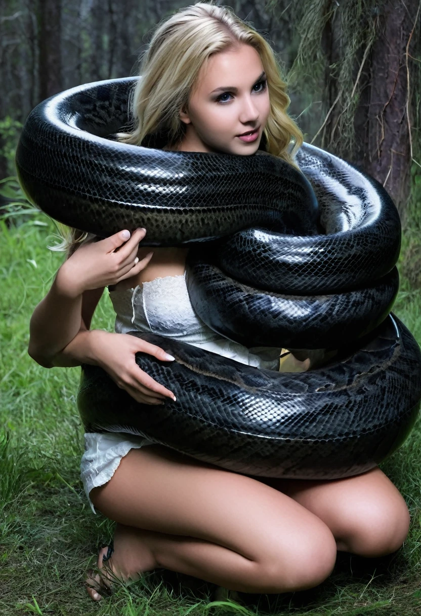Happy Horny, aroused 1girl), beautiful kneeling blonde young girl with giant colossal black titanboa squeezing her hard, wrapped in thick spiraling coils, constricted, struggle, gasping for air, snake attack, snake peril, moonless night, dim light