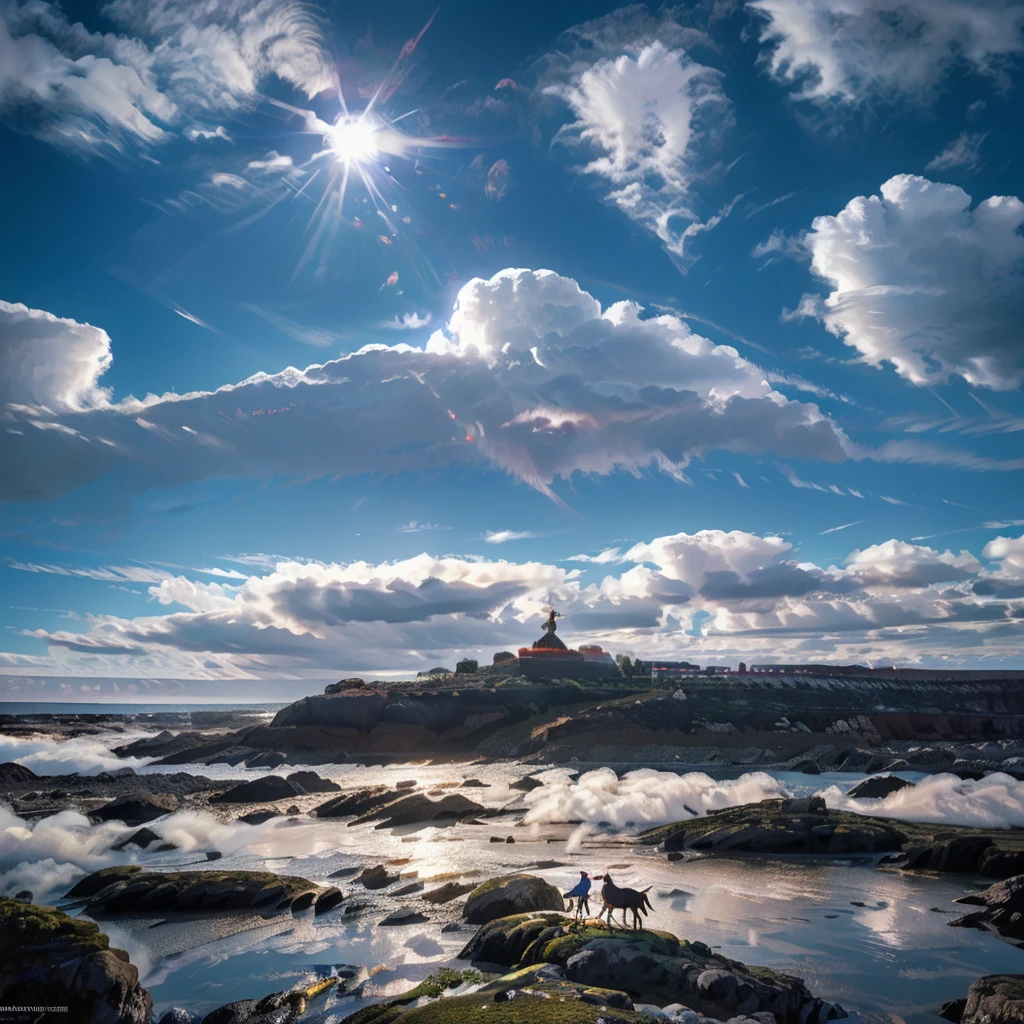 a knight on horseback standing on rocky terrain above the clouds, hovering in the sea of clouds, standing on the rocky terrain, on the rocky terrain, on the rocky terrain, the horse on the rocky terrain, overlooking the horizon with the sun and mountain peaks in the distance, dramatic lighting, cinematic, epic, (best quality,4k,8k,highres,masterpiece:1.2),ultra-detailed,(realistic,photorealistic,photo-realistic:1.37),dramatic lighting, dramatic sky, dramatic clouds, dynamic pose, intricate details, vivid colors, soft focus