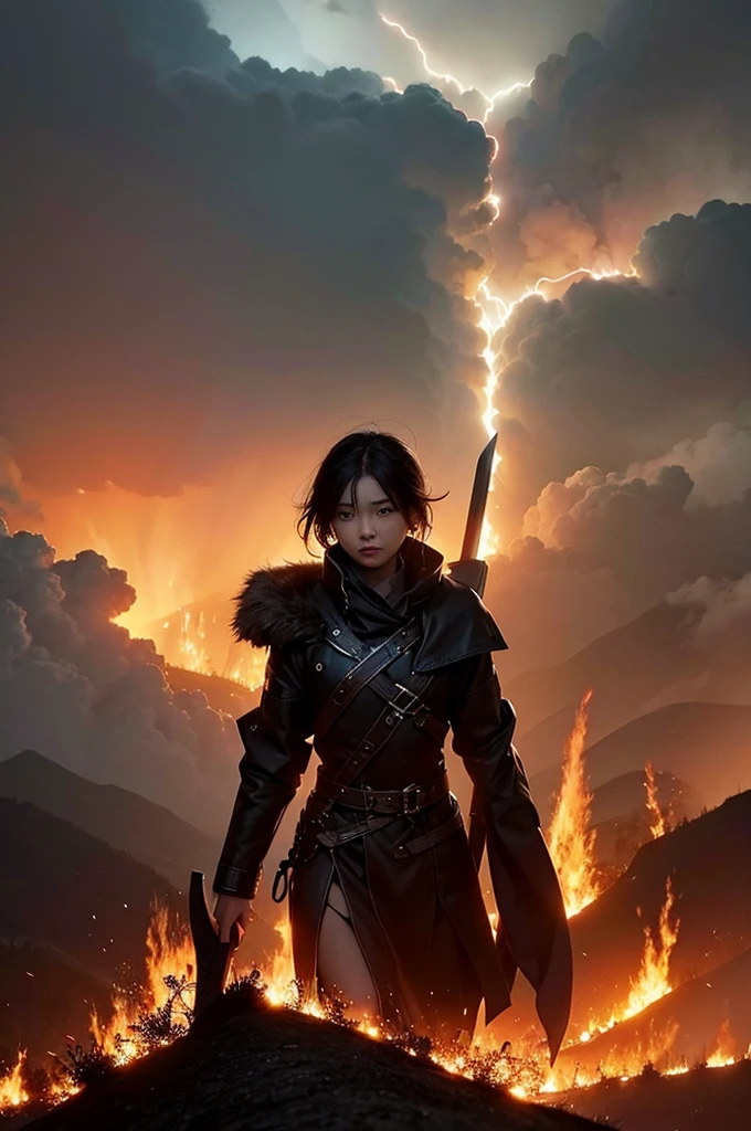 From the top of the hill、In a thunderstorm、People watching the burning city。Death with a scythe descends from the sky on a chariot。.