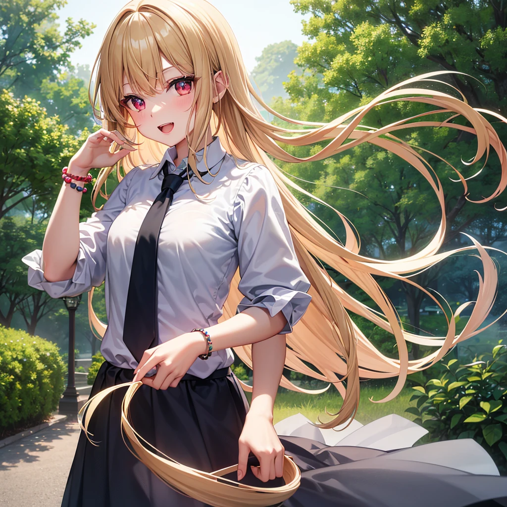 4K, Masterpiece, highres, absurdres,natural volumetric lighting and best shadows, deep depth of field, sharp focus, soft delicate beautiful attractive face,bisquedoll anime style ,[kitagawa marin|Nadia], 1girl, :d, upper body, bead bracelet, beads, black necktie, blonde hair, blue skirt, blush, bracelet, hand on own hip, jewelry, long hair, looking at viewer, necktie, open mouth, plaid, plaid skirt, red eyes, , shirt, outdoors, skirt, smile, solo, standing,white background, white shirt,