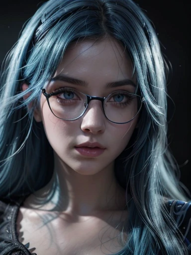 a sexy blue haired girl, beautiful detailed eyes, beautiful detailed lips, extremely detailed face and portrait, blue hair, nerdy glasses, magical girl, wand, spellcasting, fantasy, dark mystical background, dramatic lighting, cinematic, hyper detailed, 8k, photorealistic