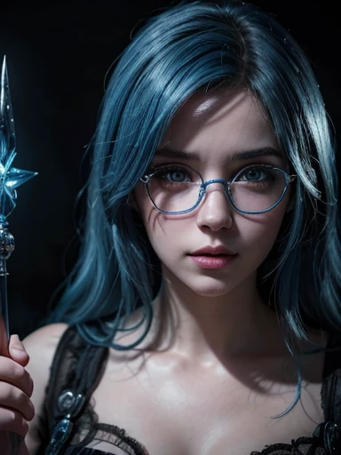 a sexy blue haired girl, beautiful detailed eyes, beautiful detailed lips, extremely detailed face and portrait, blue hair, nerdy glasses, magical girl, wand, spellcasting, fantasy, dark mystical background, dramatic lighting, cinematic, hyper detailed, 8k, photorealistic