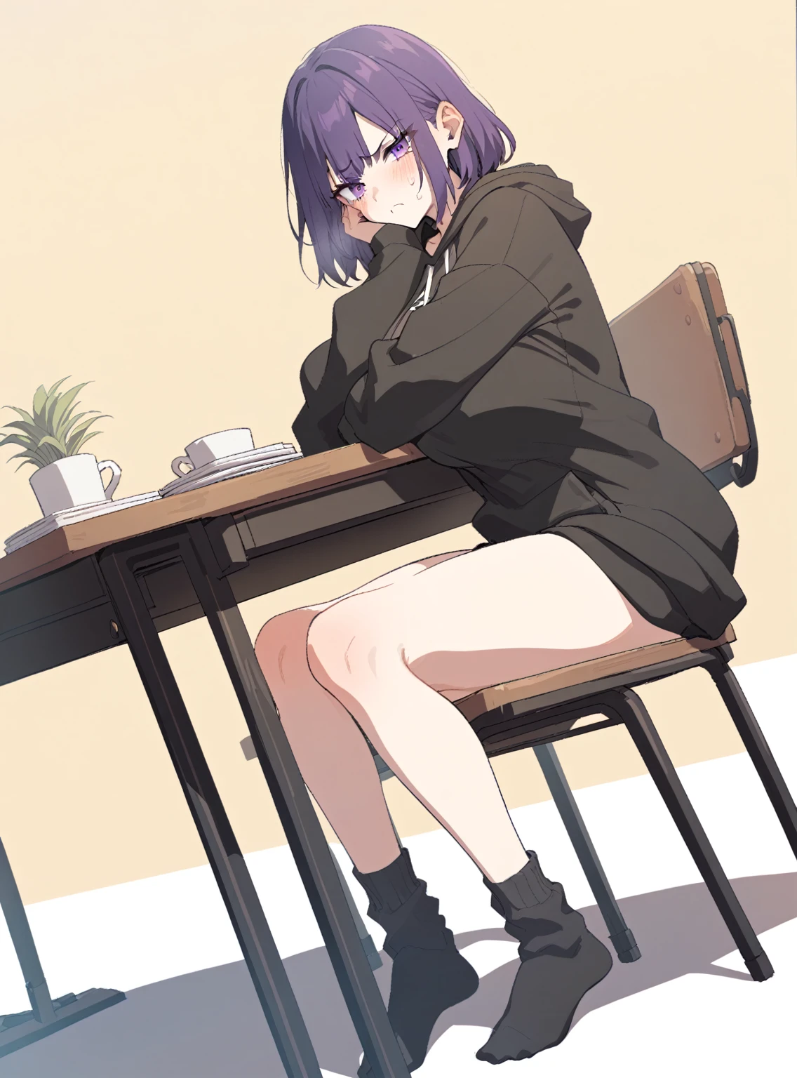 {{Full body view, dutch angle}} {{Artist: Sincos}} 1girl, emo girl, Purple eyes, short shoulder-length hair, bangs covering the left side of her face, baggy black hoodie, huge , sitting at the table with her legs crossed, She's not wearing pants, she's not wearing shoes, Annoyed look, background of a room