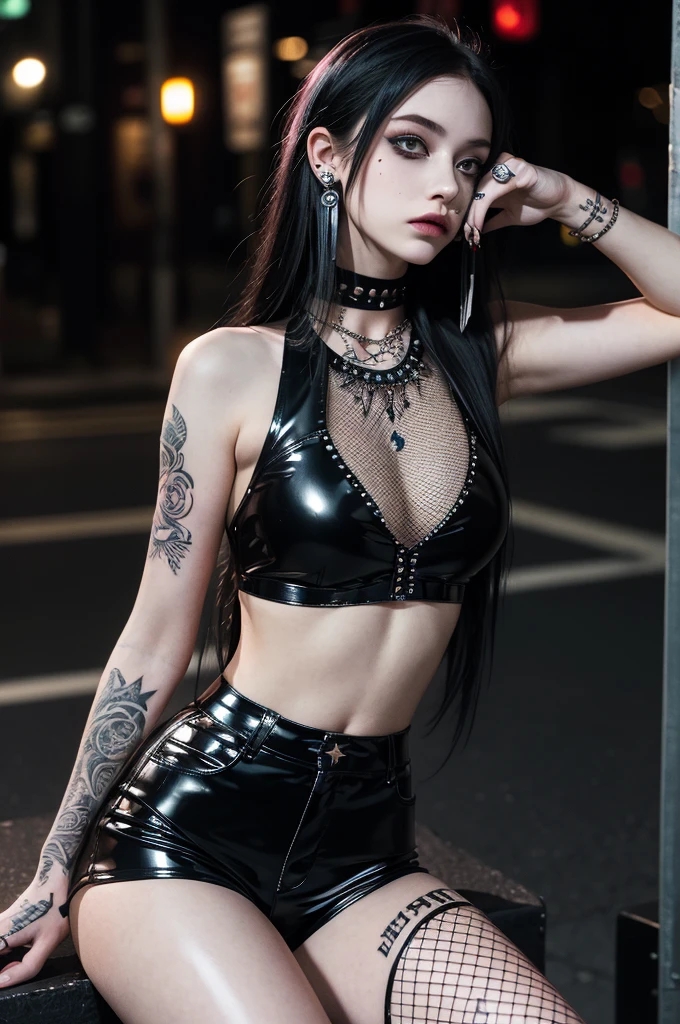 (best quality, masterpiece: 1.3), Elizabeth bathore, (emo girl, piercing: 1.3), fish net, latex shorts, sitting, tattoo, long hair, night, street, nipples