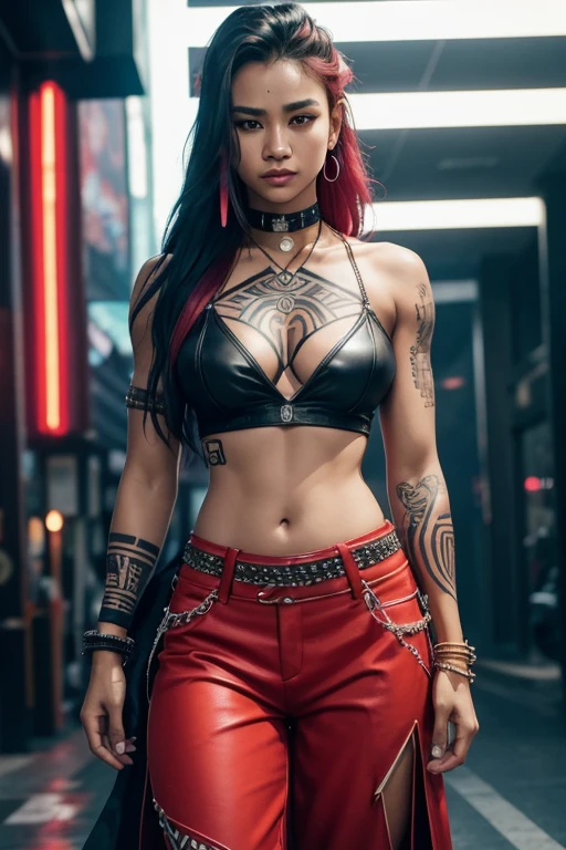 Safe For Work, Cyberpunk, Tongan, ethnically Tongan, prostitute, Tongan woman, Polynesian tattoos, tribal tattoos, chaps, neon lights on clothing, elaborate choker, pierced belly button, belly button ring, pants that show thigh, open cut pants, chap style pants, full shirt with very low v cut, low v cut full shirt without sleeves, sleeveless full shirt with an extremely low v-cut, clothing is bright red, shirt is bright red, pants are bright red, neon red highlights in hair