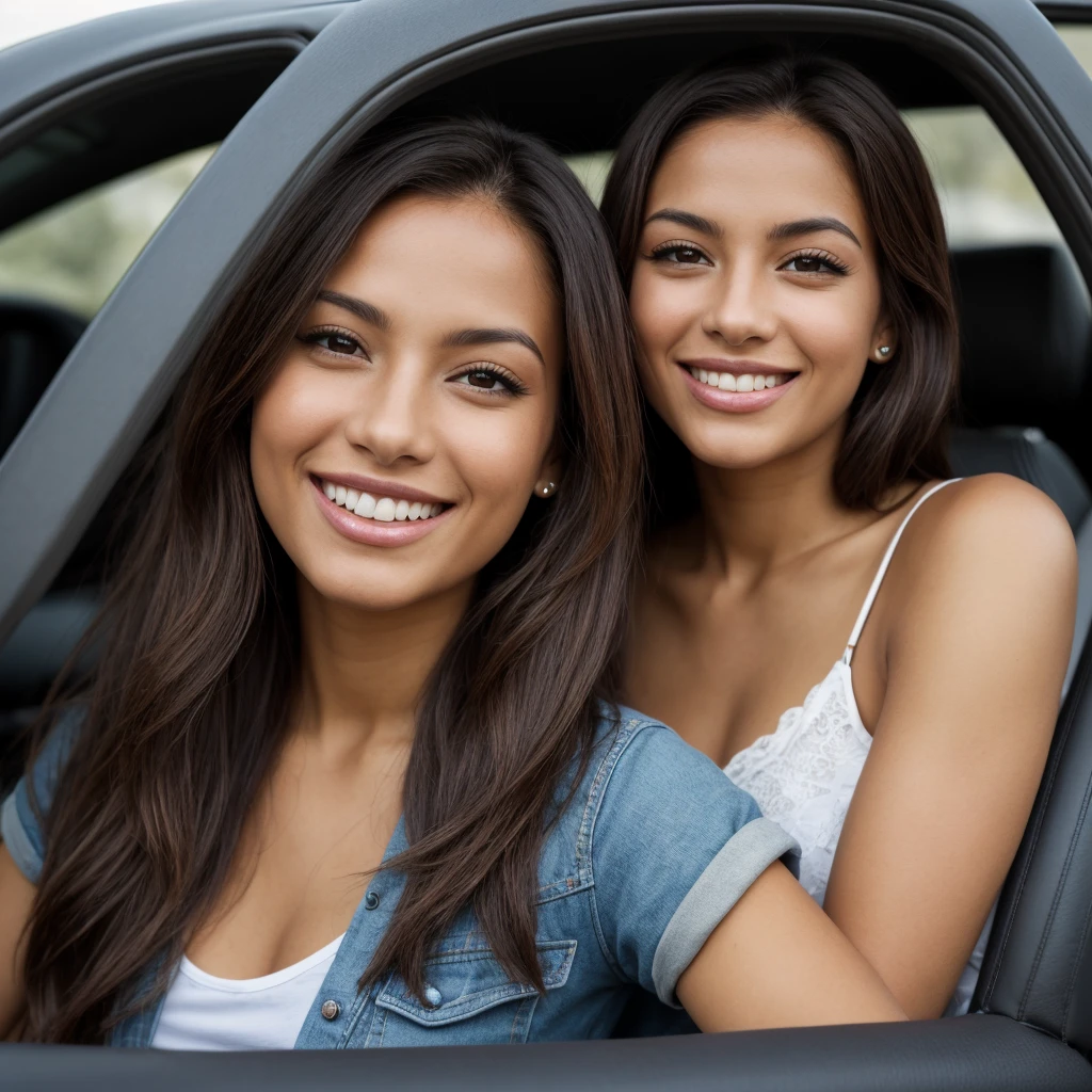 femme colombienne, in a car, nice face, smiling, Brown hair,Brown eyes