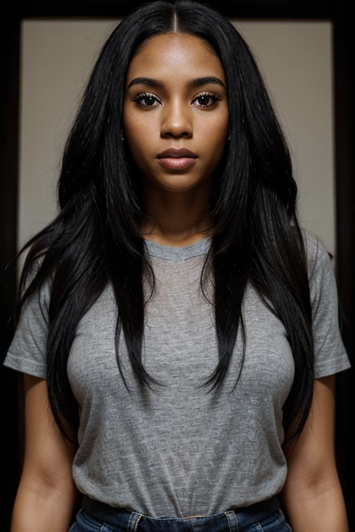 beautiful 30 year old woman, but not too much, afrodescent, but fair skin, black eyes, half long and half straight black hair, dressed, illustration type image