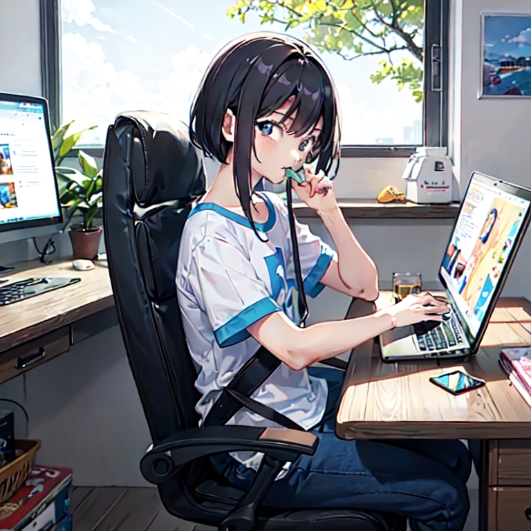 A dark-haired、Cool、games、short-cut、tshirts、gamer、personal laptop、a cool、Wolfhair、Neckline Long、Cheek cane, tablet, relax, ergonomic chair, sweet snacks, anime, young boy, eye look to the laptop screen, lean back to the chair, playing games, drinks, hand on laptop keyboard playing games with mouth eating sweet snack, tablet reading novels