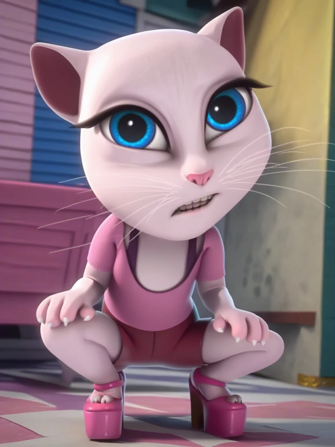 solo focus, a_la, 1girl, cat, white fur, long whiskers on each side of face, large brilliant blue eyes, large black eyelashes, small pink nose, triangular ears with pink canals, small breasts, looking at viewer, squatting, front view, spreading legs, platform high heels, score_9, score_8_up, score_7_up, fuck penis poposu