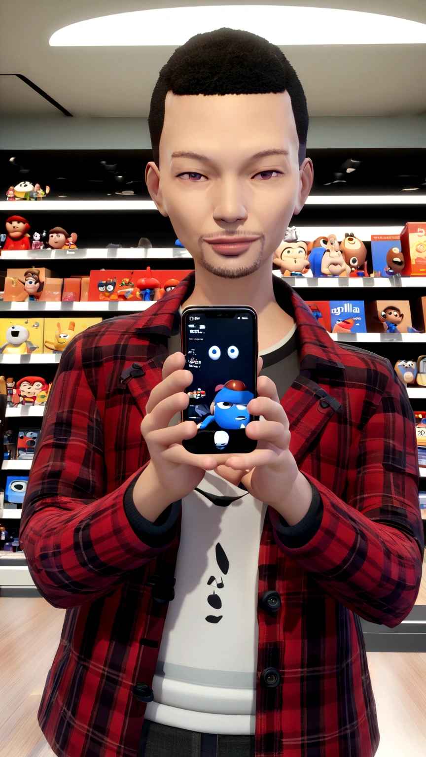 Cartoon character a man in a red and black checkered coat holding a black iphone in his hand, an animated character. Image background a store shelves and cell phones in windows on that shelf animation style rendering, 3d stylized, Stylized 3D rendering, toon render screenshot, 3d character, 3d character, Stylized 3D rendering, 3D character rendering, cartoon character, Personagem de close up, character posing, (Pixar-style) (master part:1.2) (bokeh) (best qualityer) (skin detailed) (detailed texture) (8K) (Argilla) (cinematic lighting) (sharp focus,Sit down and lift your upper body