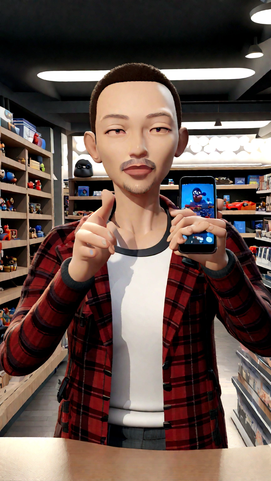 Cartoon character a man in a red and black checkered coat holding a black iphone in his hand, an animated character. Image background a store shelves and cell phones in windows on that shelf animation style rendering, 3d stylized, Stylized 3D rendering, toon render screenshot, 3d character, 3d character, Stylized 3D rendering, 3D character rendering, cartoon character, Personagem de close up, character posing, (Pixar-style) (master part:1.2) (bokeh) (best qualityer) (skin detailed) (detailed texture) (8K) (Argilla) (cinematic lighting) (sharp focus,Sit down and lift your upper body