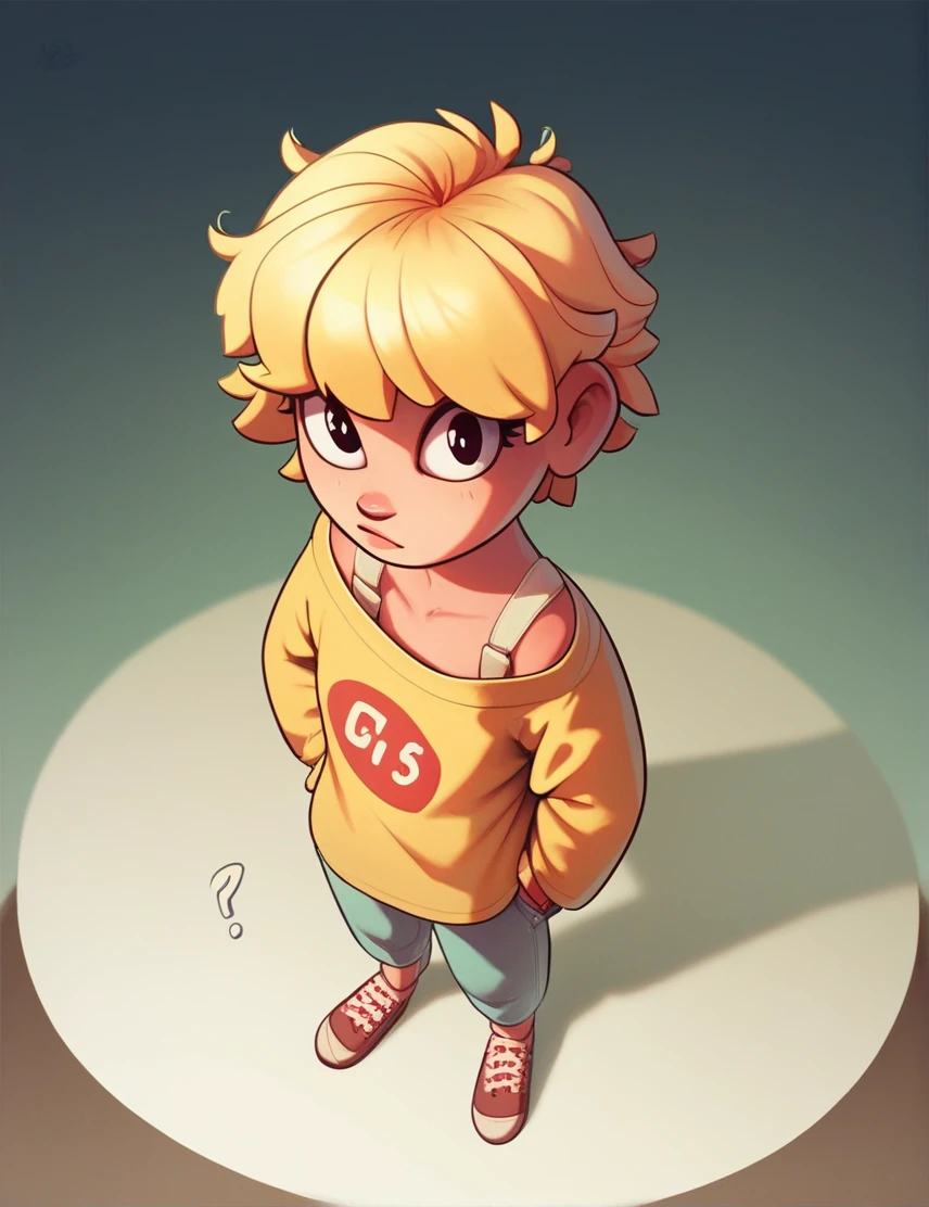 punctuation_9, punctuation_8_High above, 1 girl, standing alone, flat shading, flat colour, Drg, hair blonde, yellow off-shoulder blouse, long sleeves, portraite, closeHigh above, gazing at viewer,