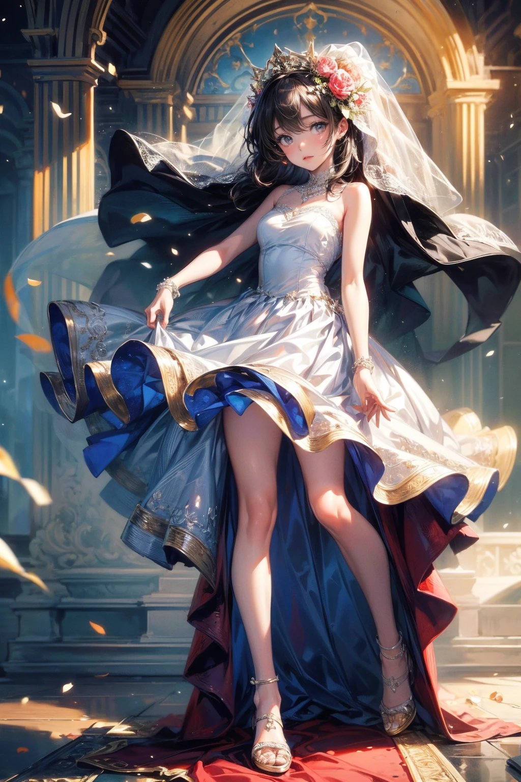(Highest quality, High resolution, masterpiece:1.2,), figure, night, One girl, whole body, (enamel),(high leg wedding dress), Put your arms behind your back, Wait for a kiss, View your viewers, Happy, blush,