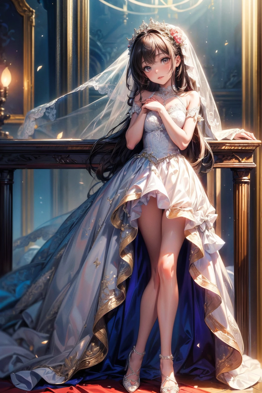 (Highest quality, High resolution, masterpiece:1.2,), figure, night, One girl, whole body, (enamel),(high leg wedding dress), Put your arms behind your back, Wait for a kiss, View your viewers, Happy, blush,