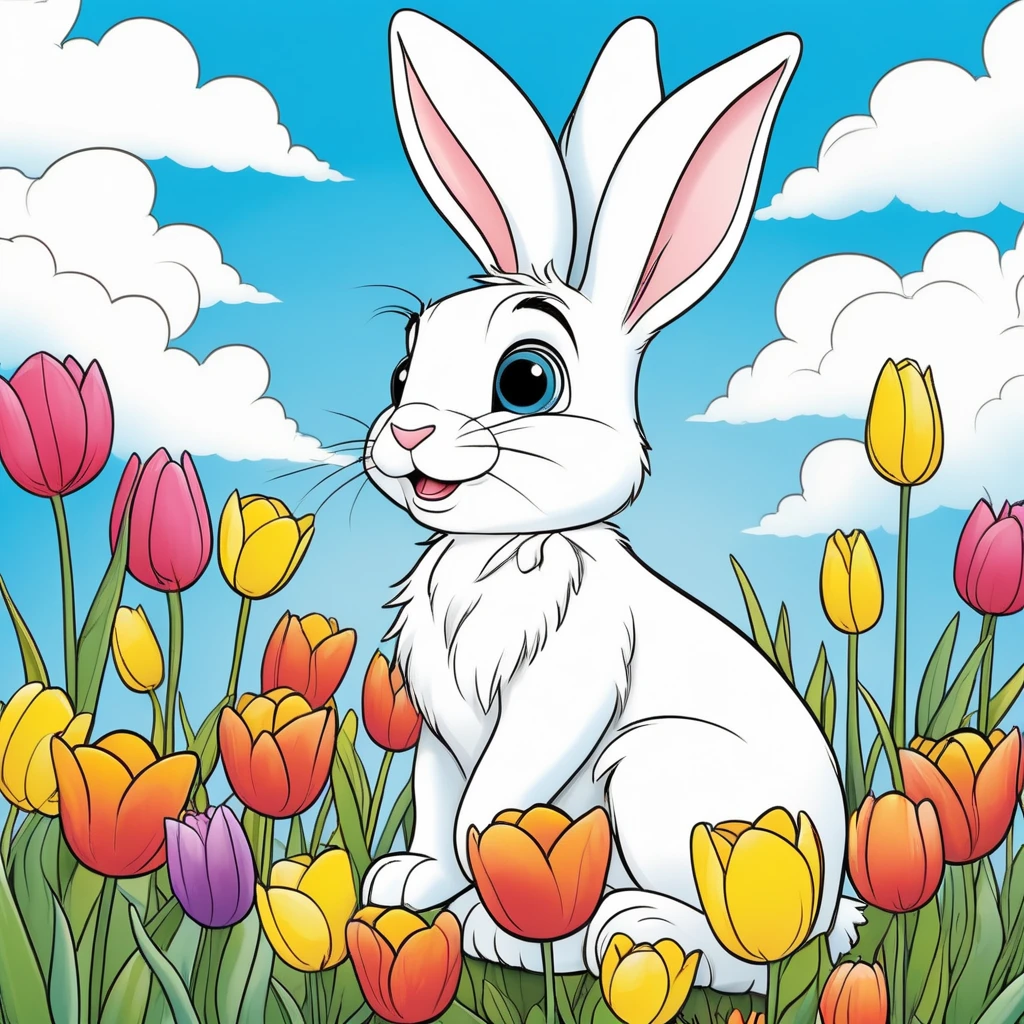 Line drawing, (Pixar style:1.8), (coloring page:1.6) Cute fluffy bunny sitting in a blooming garden filled with vibrant tulips and daffodils under a sunny blue sky , ColoringBookAF , (blank white background:1.4)