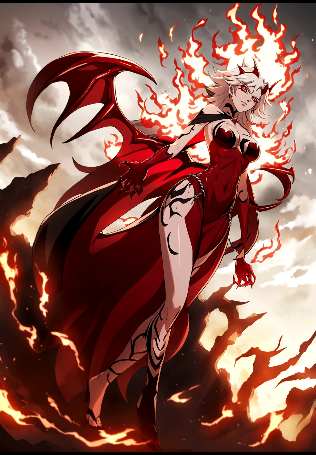 anime character with red and white hair and a red cape, djinn woman female demon, female djinn woman demon hybrid, an epic anime of a energy woman, full body devil woman, demon female, demon hero, human female demon, emitting evil red aura, fire!! full body, full body savage devilwoman, woman female demon, demon girl, pain from naruto