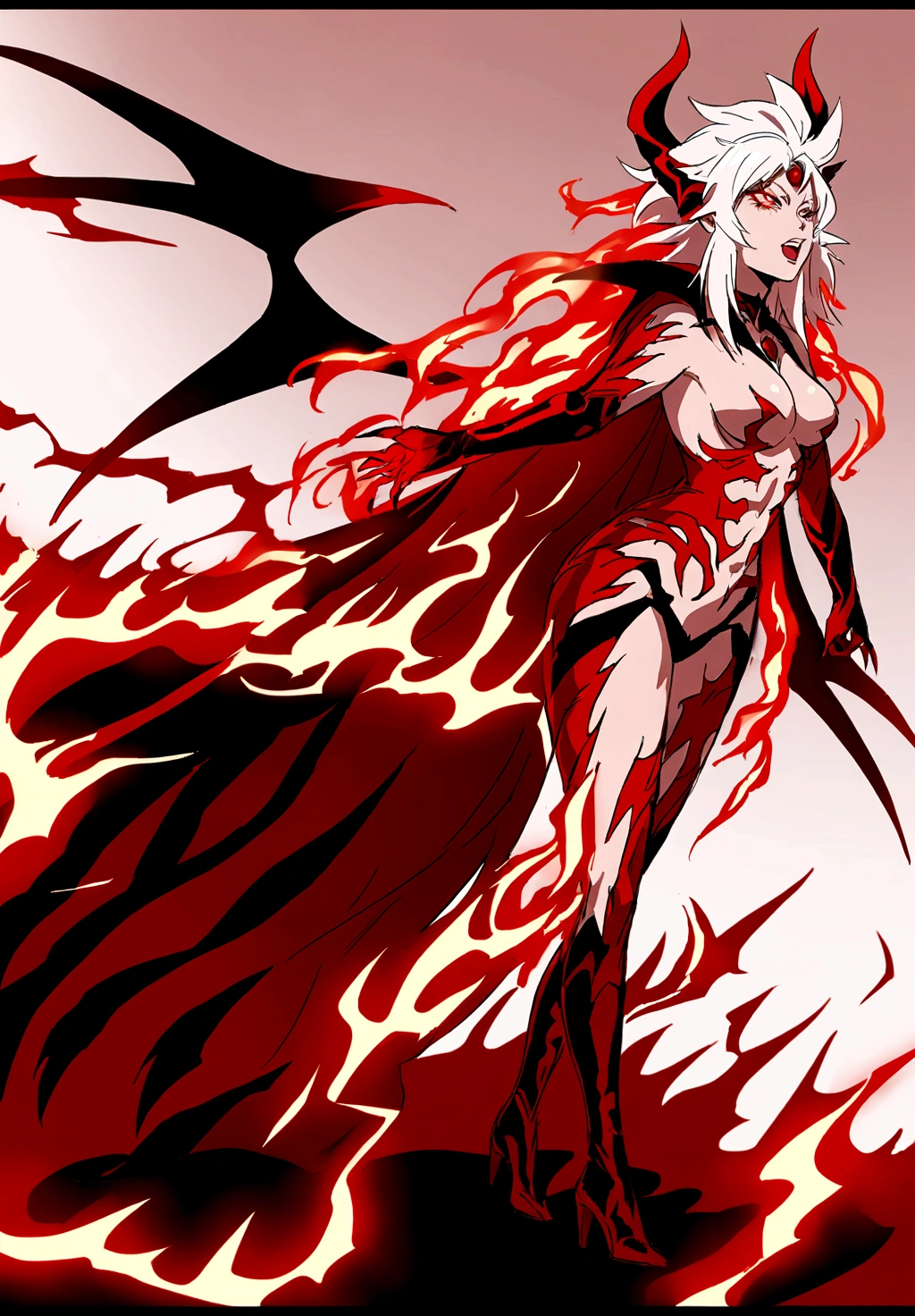 anime character with red and white hair and a red cape, djinn woman female demon, female djinn woman demon hybrid, an epic anime of a energy woman, full body devil woman, demon female, demon hero, human female demon, emitting evil red aura, fire!! full body, full body savage devilwoman, woman female demon, demon girl, pain from naruto