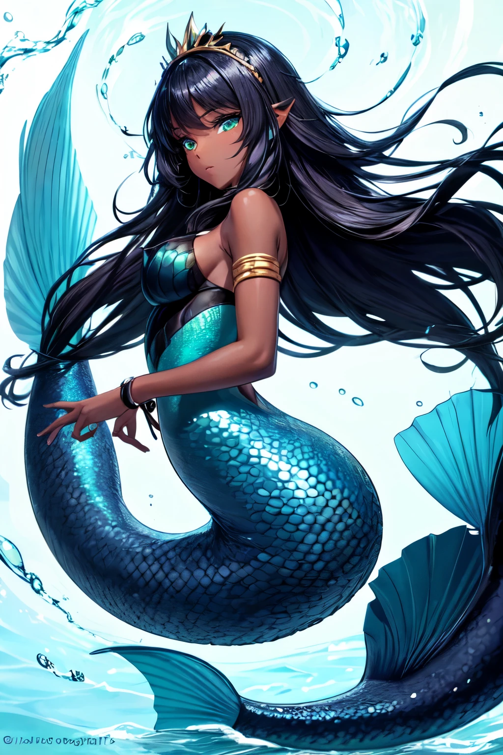 mermaid, black skin color, Blue long hair, greeneyes