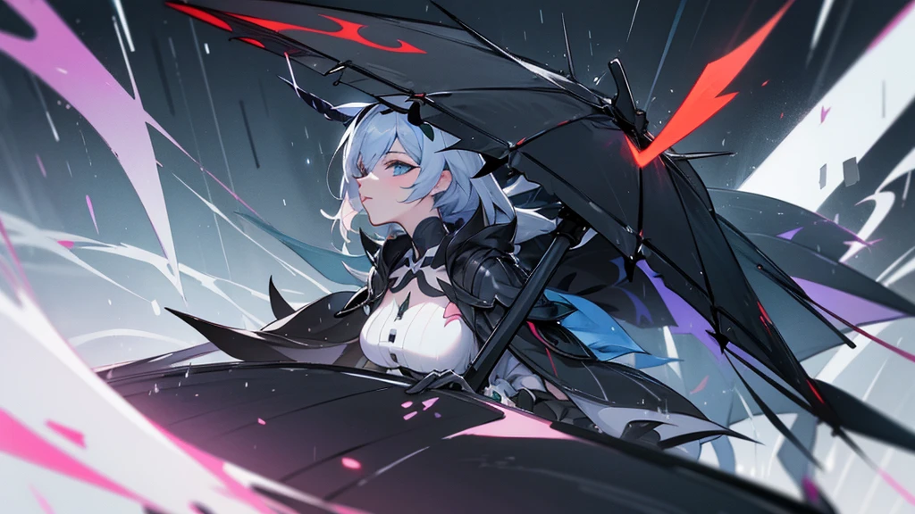 Kafka from Honkai stands in the rain