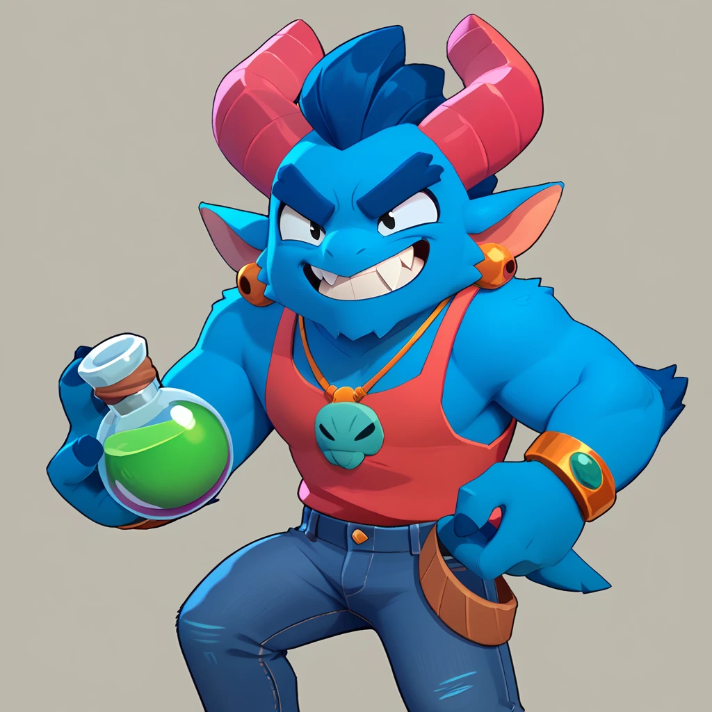 a blue furred monster, resembling Pop Fizz from Skylanders, who smiles, with pointy teeth, wearing jeans, and a green potion in his hand