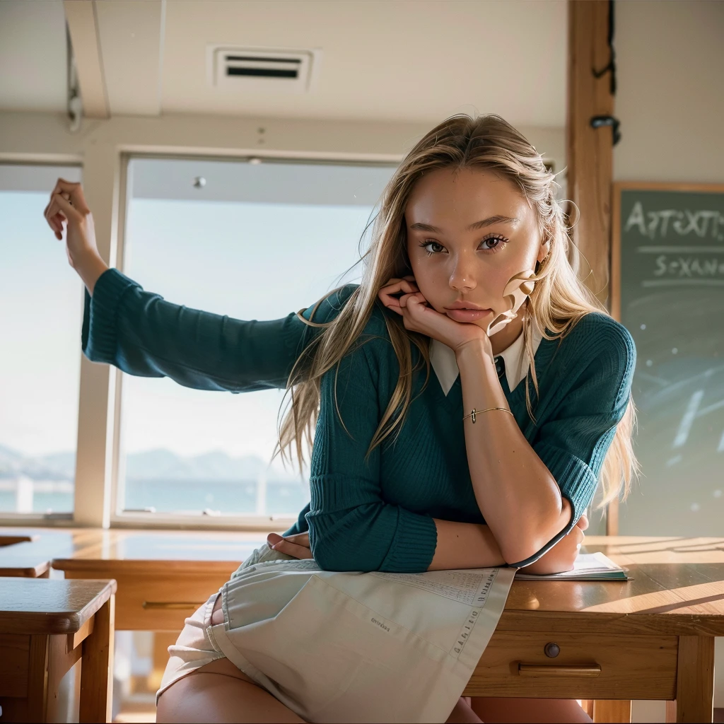 Realistic photo of a beautiful 18 year old (((ALEXIS-REN))), (best quality,ultra-detailed,realistic:1.2),beautiful detailed eyes,beautiful detailed lips, blonde hair, student, classroom, learning,  sitting at desk, books, teacher, pencil, school girl skirt outfit