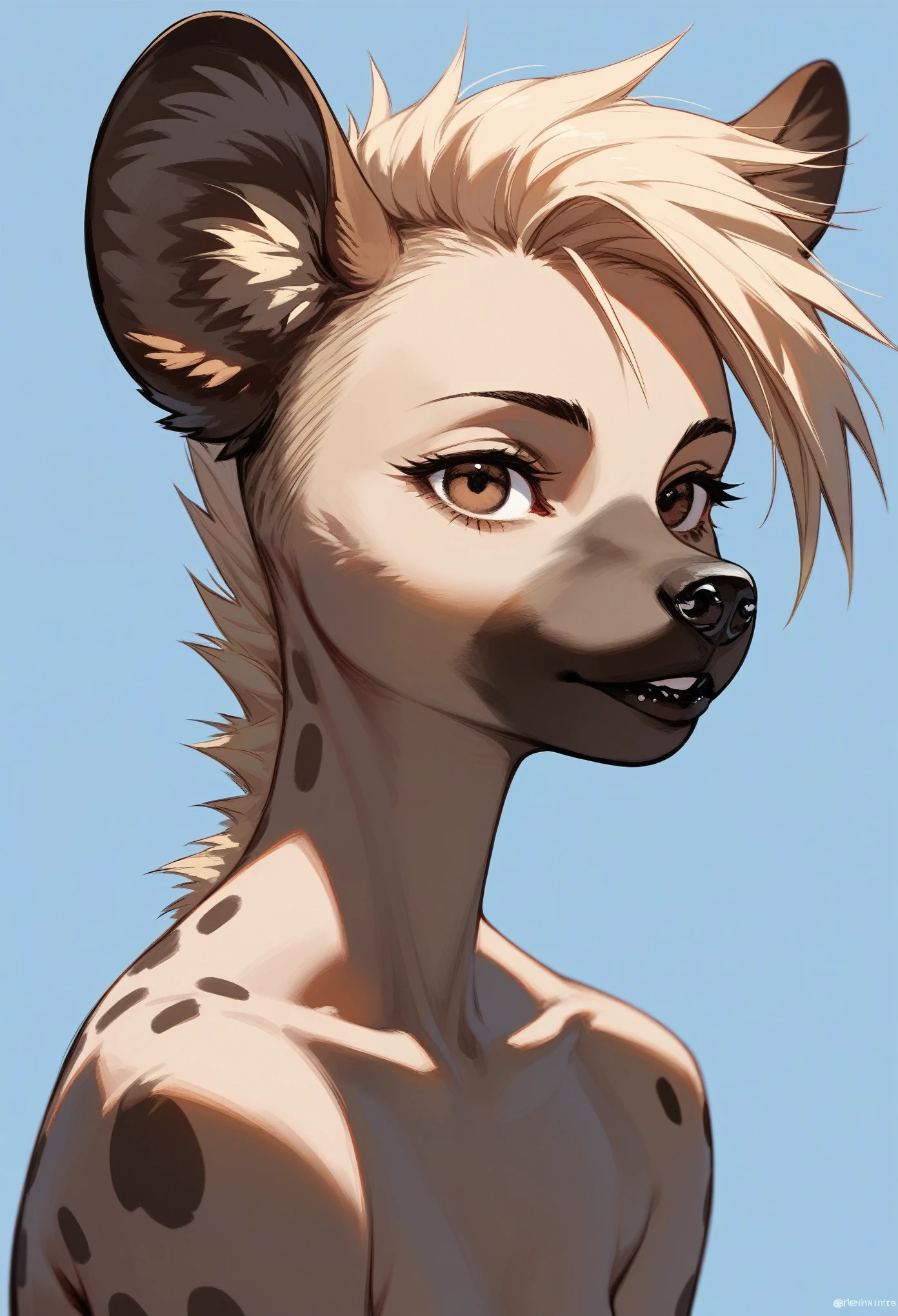 Solo, score_9,score_8_up,score_7_up, flat colors, source_furry, a tall female spotted hyena, brown snout, black nose, brown eyes, short spiked undercut platinum blonde hair, black lips, hyena tail, brown hyena ears, portrait, naked, small breasts, full body shot