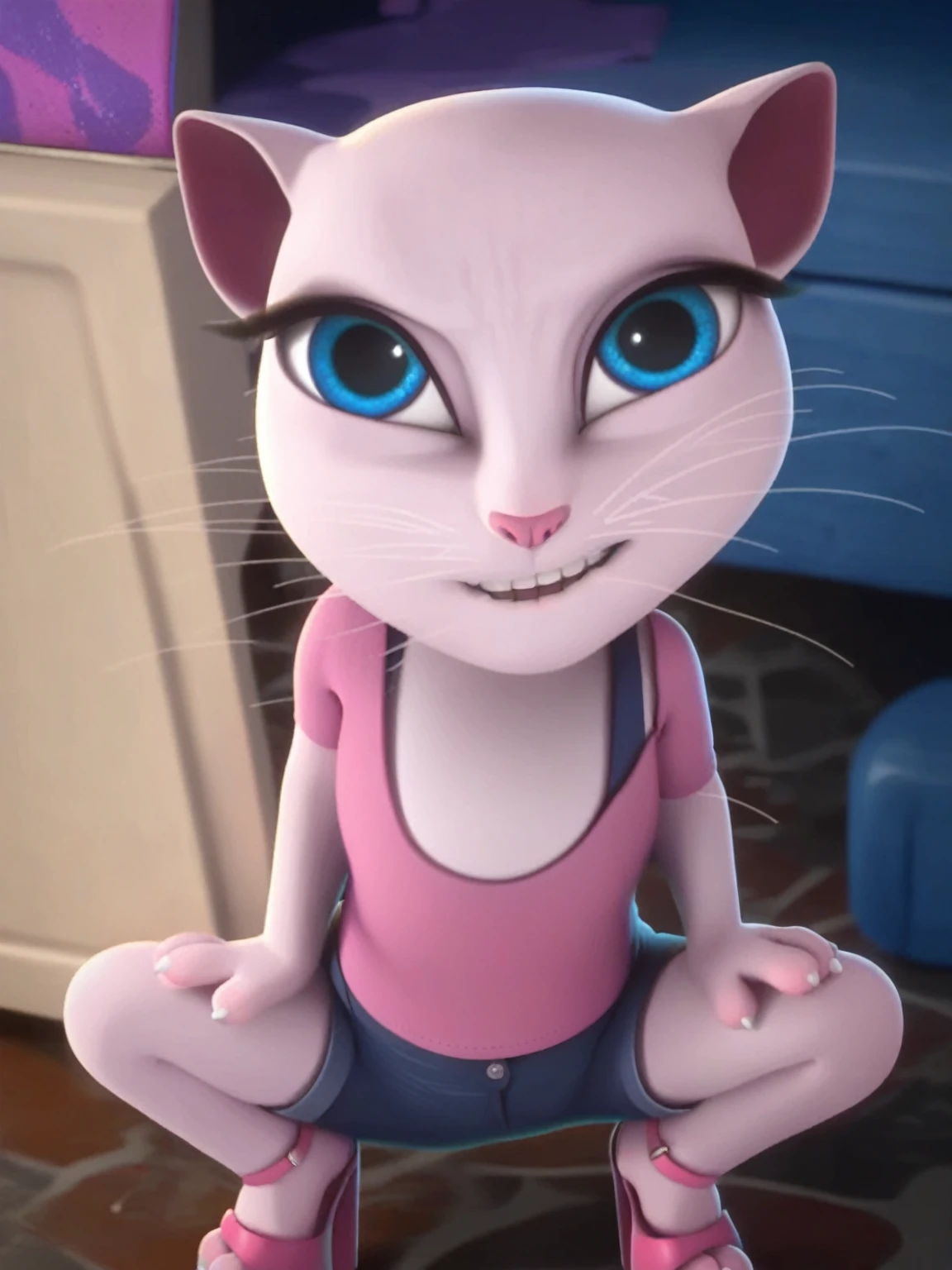 solo focus, a_la, 1girl, cat, white fur, long whiskers on each side of face, large brilliant blue eyes, large black eyelashes, small pink nose, triangular ears with pink canals, small breasts, looking at viewer, squatting, front view, spreading legs, platform high heels, score_9, score_8_up, score_7_up,