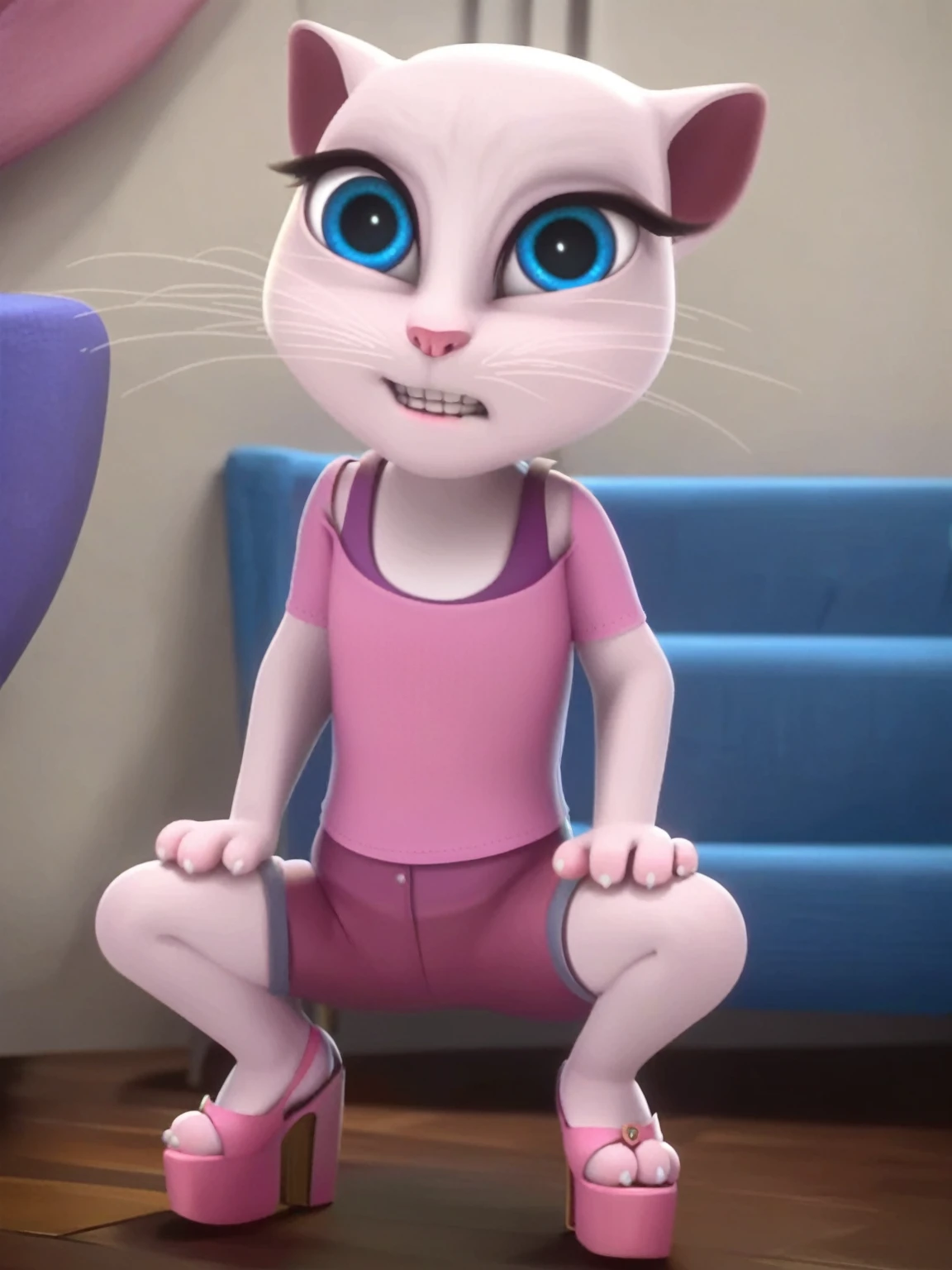 solo focus, a_la, 1girl, cat, white fur, long whiskers on each side of face, large brilliant blue eyes, large black eyelashes, small pink nose, triangular ears with pink canals, small breasts,     looking at viewer, squatting, front view, spreading legs, platform high heels, score_9, score_8_up, score_7_up,