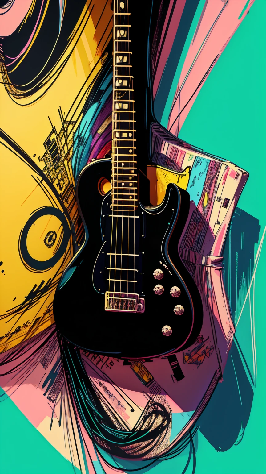 80s guitar drawn cartoon style in black colors