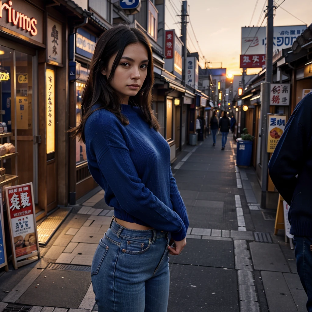 Female supermodel. Royal blue sweater and jeans. Dim, soft lighting. Sunset. Sugamo Jizodori Shopping Street, Tokyo, Japan. Sunset.