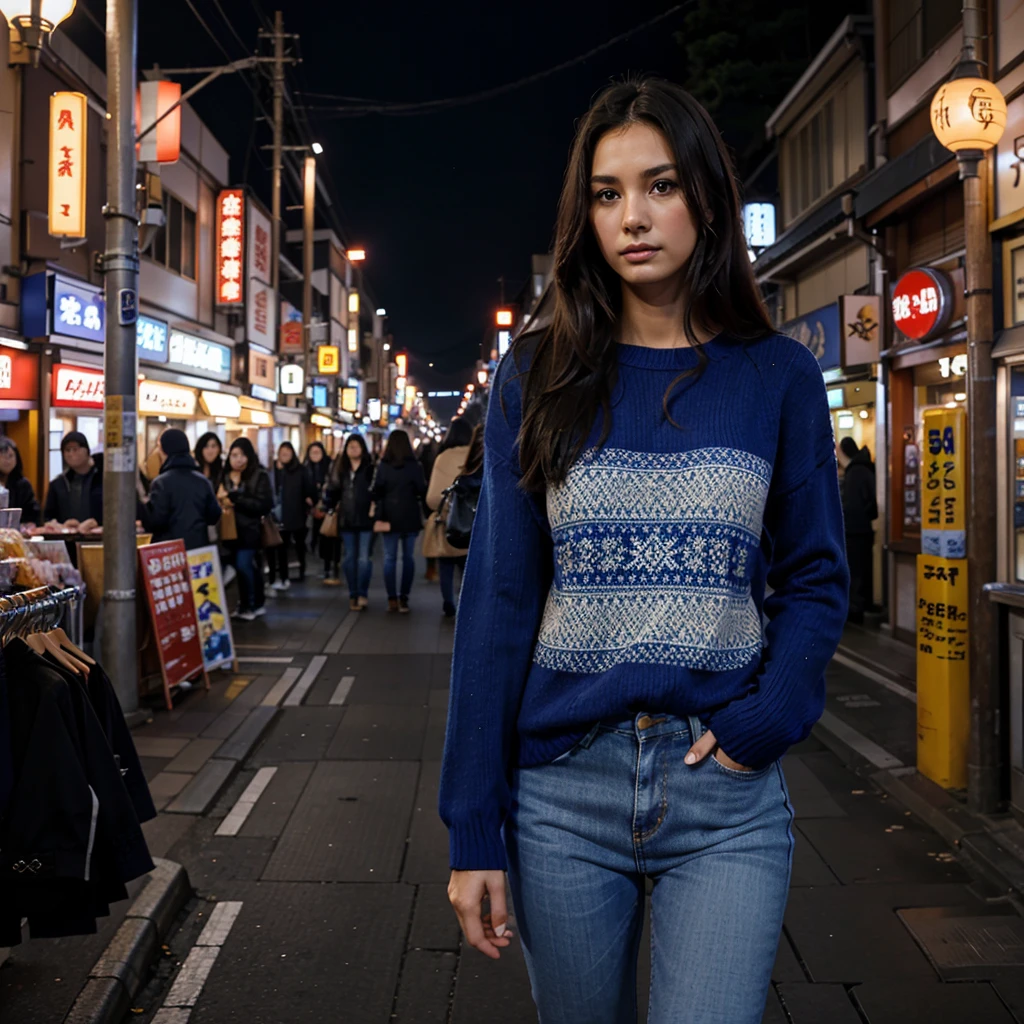 Female supermodel. Royal blue sweater and jeans. Dim, soft lighting. Sunset. Sugamo Jizodori Shopping Street, Tokyo, Japan. Sunset.