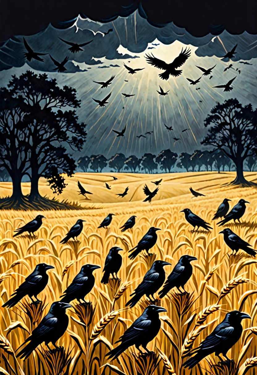 a flock of crows standing on the wheat field and trees in a darkened scene with thunders, dark fantasy paper style from the 70s, with intense painting and a german romantic style, shadows and spectacultar lighting