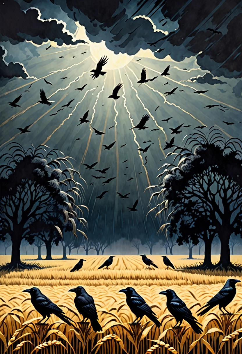 a flock of crows standing on the wheat field and trees in a darkened scene with thunders, dark fantasy paper style from the 70s, with intense painting and a german romantic style, shadows and spectacultar lighting