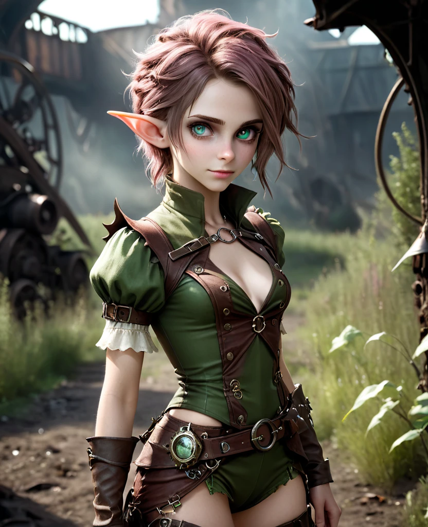 cute elf, (teenage elf  with extremely cute eyes)), (((elf))), ((((high resolution))), (((extremely detailed))), ((masterpiece)), looks like Aerith Gainsborough, dramatic shadows, depth of field, analog photo style, (world in which are collide steampunk and postapocalyptic vibes), postapocalyptic cute female in steampunk aesthetic, torn dirty clothes, depth of field, full body shot, unzoomed, (perfect body: 1.4), (sidecut short hairstyle), (stalking is quite common, although not the best way to make a living), stylized atmosphere of unreality, dark atmosphere, dynamic pose, in motion, Armageddon, increase cinematic lighting, highly lifelike skin texture, parted lips, weary eyes, fine eyes, whitened skin, random hair colour, doomsday aura