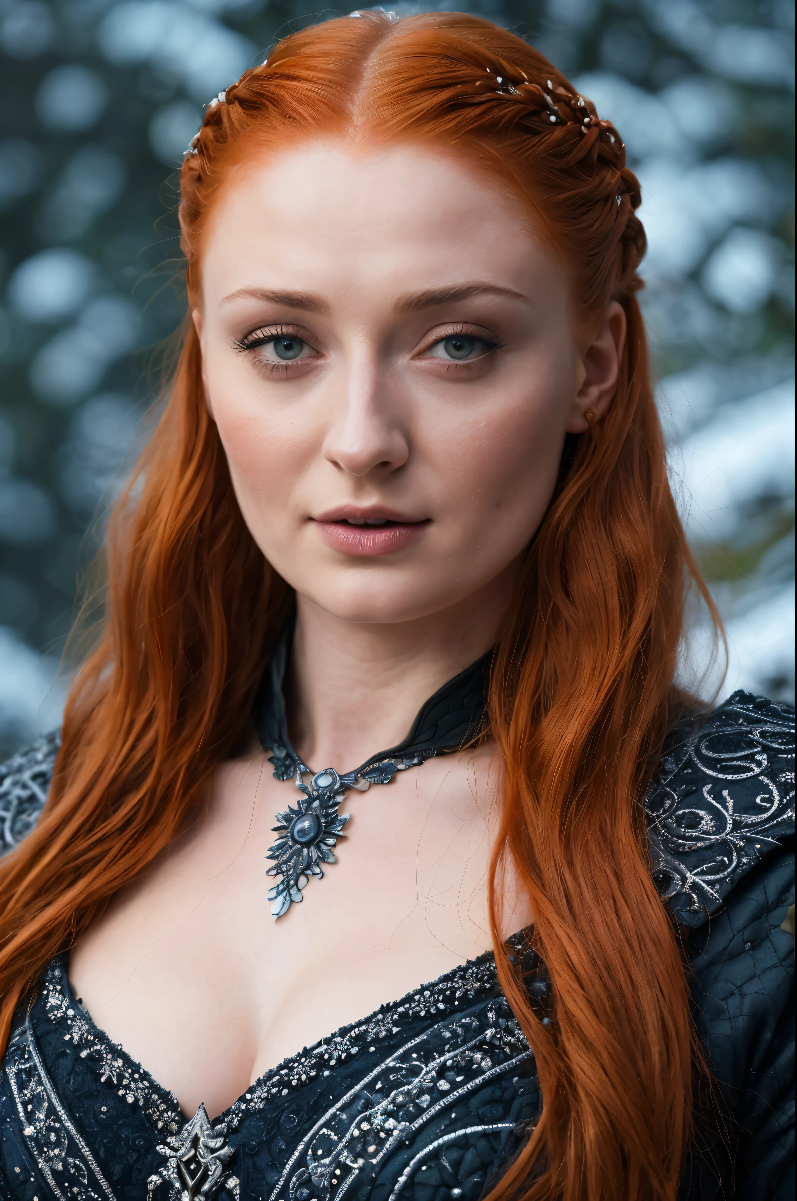 Face of Sophie Turner, Sansa Stark played by Sophie Turner, the de facto Lady of the Eyrie, is a 45-year-old mature queen with a stunning, alluring appearance. Full Face, Full figured woman, heavy physique, thick thighs, pierced eyes, reddish lips, upper body shot, erotic Mediaeval costumes, game of thrones costumes, She wears a Game of Thrones-inspired costume and has a deep cleavage, a perfect thick body, and a perfect thick figure. The photograph captures her in a close-up, with her skin texture and facial features being ultra-realistic and realistic. Juicy thick figure, high quality skin, Skin pores, amazing details, snow, snow flakes, semi realistic, extremely detailed eyes, dark moody orange and black settings, cool environment, artificial intelligence, winter, winter scene, insane details,