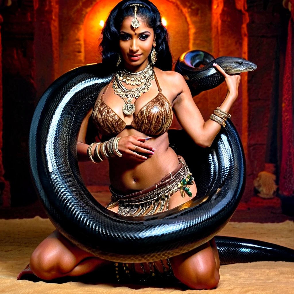 topless Happy Horny, aroused 1girl), beautiful kneeling indian young belly dancer with giant colossal black titanboa squeezing her hard, wrapped in thick spiraling coils, constricted, struggle, gasping for air, snake attack, snake peril, moonless night, dim light