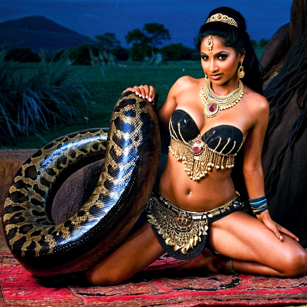   topless Happy Horny, aroused 1girl), beautiful kneeling indian  belly dancer with  giant colossal black titanboa squeezing her hard, wrapped in thick spiraling coils, constricted, struggle, gasping for air, snake attack, snake peril, moonless night, dim light