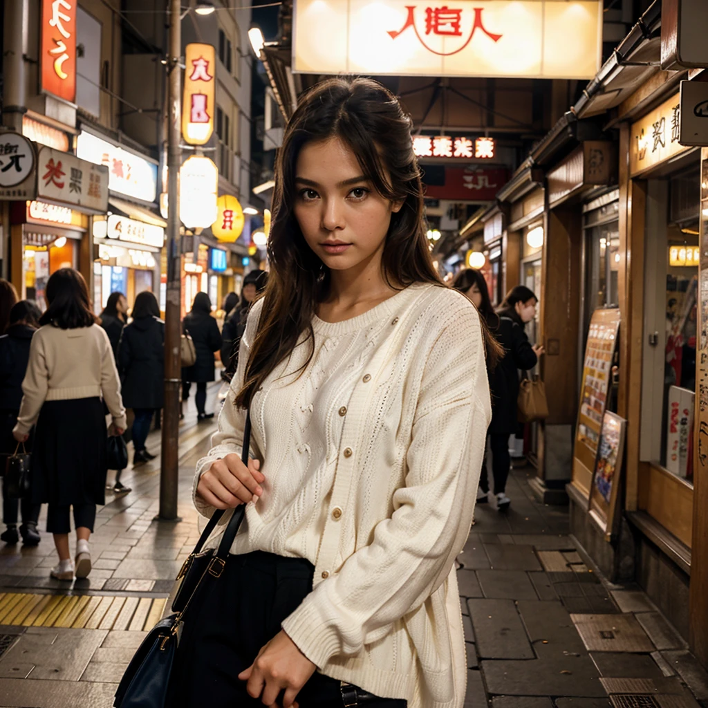 Female supermodel. White sweater. Dim, soft lighting. Sunset. Sugamo Jizodori Shopping Street, Tokyo, Japan. Sunset.