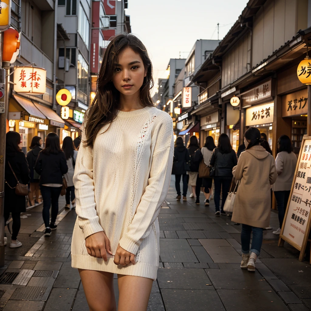 Female supermodel. White sweater. Dim, soft lighting. Sunset. Sugamo Jizodori Shopping Street, Tokyo, Japan. Sunset.