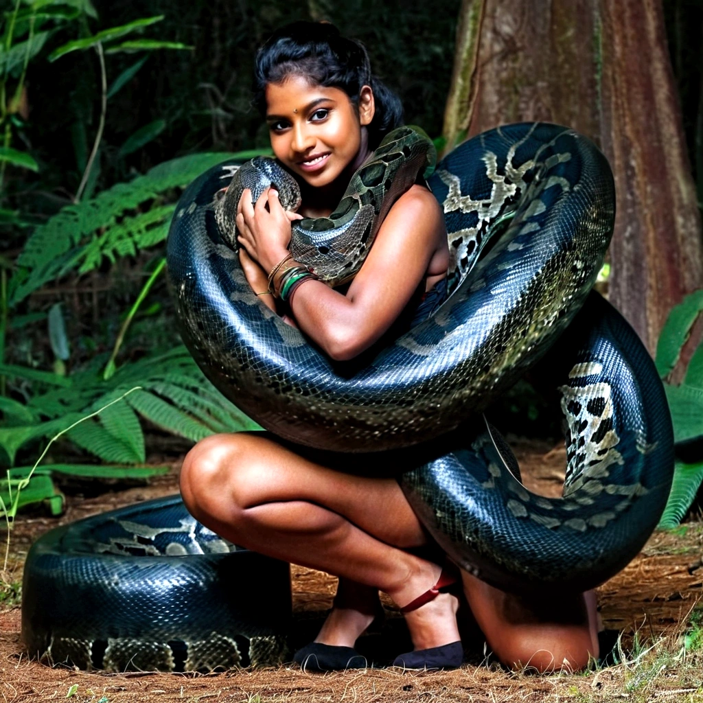 Happy Horny, aroused 1girl), beautiful kneeling indian young girl with giant colossal black titanboa squeezing her hard, wrapped in thick spiraling coils, constricted, struggle, gasping for air, snake attack, snake peril, moonless night, dim light