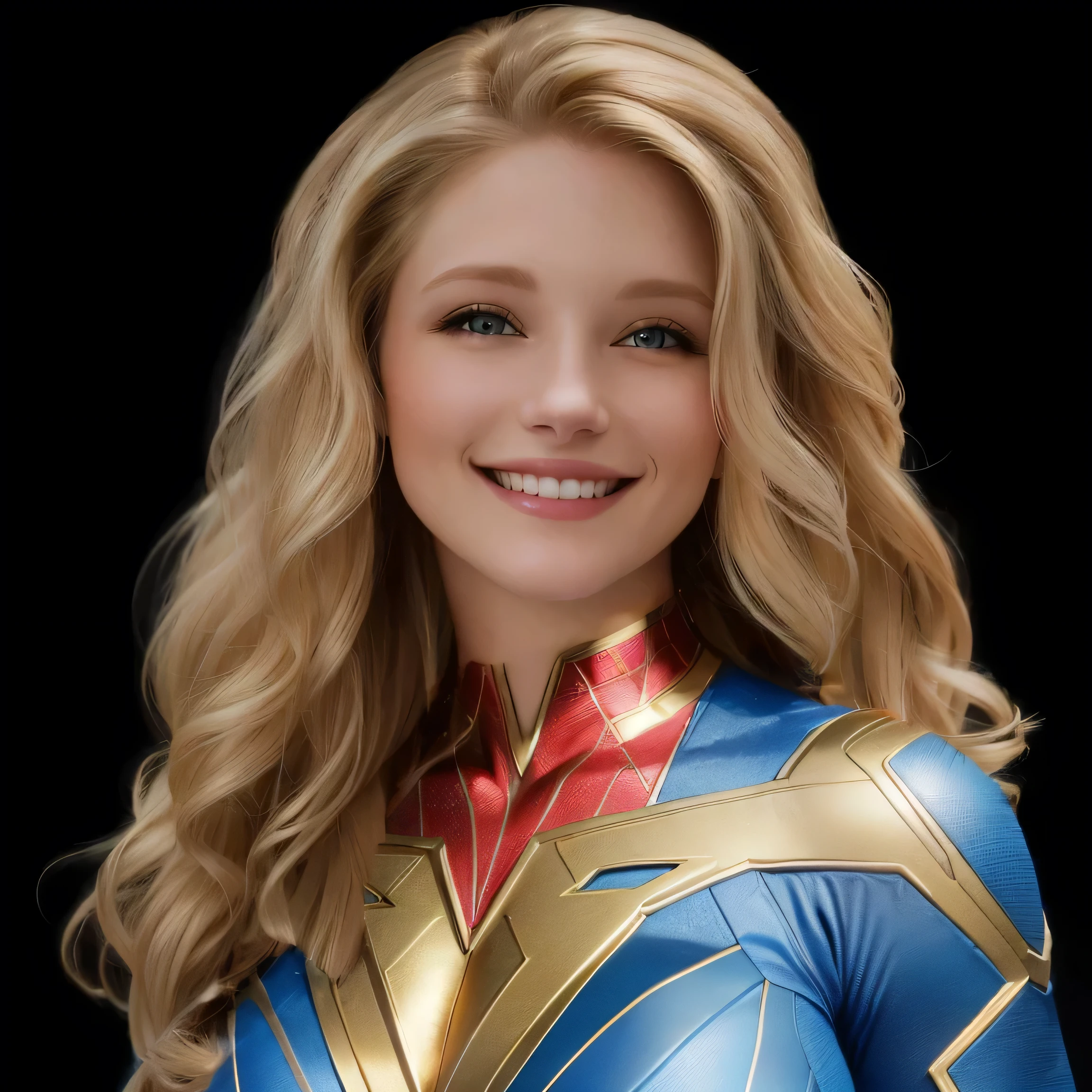 A beautiful woman in a red, gold and blue superhero costume, with an 's' symbol on her chest, cinematic and hyper-realistic, highly detailed, masterpiece, 8k,