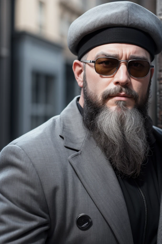 A white man wearing a gray beret and a black bushy beard with Thug Life glasses!