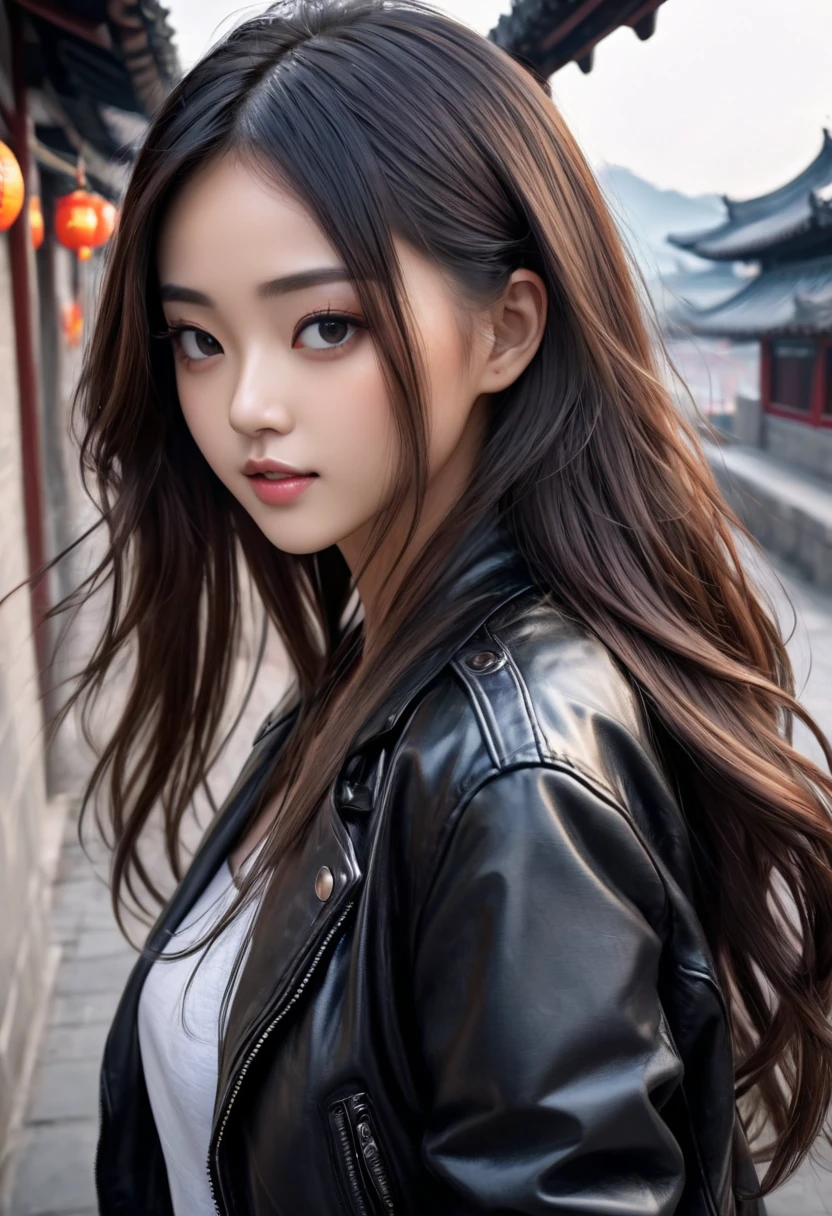 Best quality, masterpiece, ultra high res, (photorealistic:1.4), raw photo, 1girl,, , long hair,  leather jacket, beautiful chinese woman