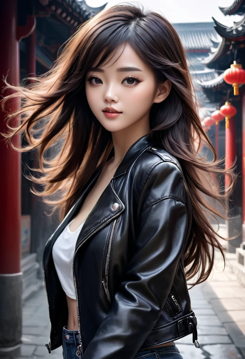 Best quality, masterpiece, ultra high res, (photorealistic:1.4), raw photo, 1girl,, , long hair,  leather jacket, beautiful chinese woman