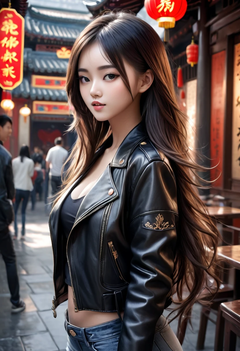 Best quality, masterpiece, ultra high res, (photorealistic:1.4), raw photo, 1girl,, , long hair,  leather jacket, beautiful chinese woman