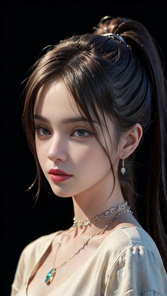 ((masterpiece:1.4)、(Highest quality:1.4)、(Realistic:1.7))、Masterpiece:1.4、Pretty Girl 0、pretty girl、Portrait Photography、Close-up photo、Upper body photo shoot、Beautiful expression、Resistance、Dark Background、Tight waist、ponytail、RAW Photos、Red lips、choker:1.4、necklace:1.4、Earrings:1.4、1 Screen Display