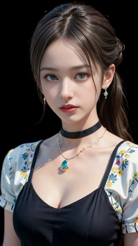 ((masterpiece:1.4)、(Highest quality:1.4)、(Realistic:1.7))、Masterpiece:1.4、Pretty Girl 0、pretty girl、Portrait Photography、Close-up photo、Upper body photo shoot、Beautiful expression、Resistance、Dark Background、Tight waist、ponytail、RAW Photos、Red lips、choker:1.4、necklace:1.4、Earrings:1.4、1 Screen Display