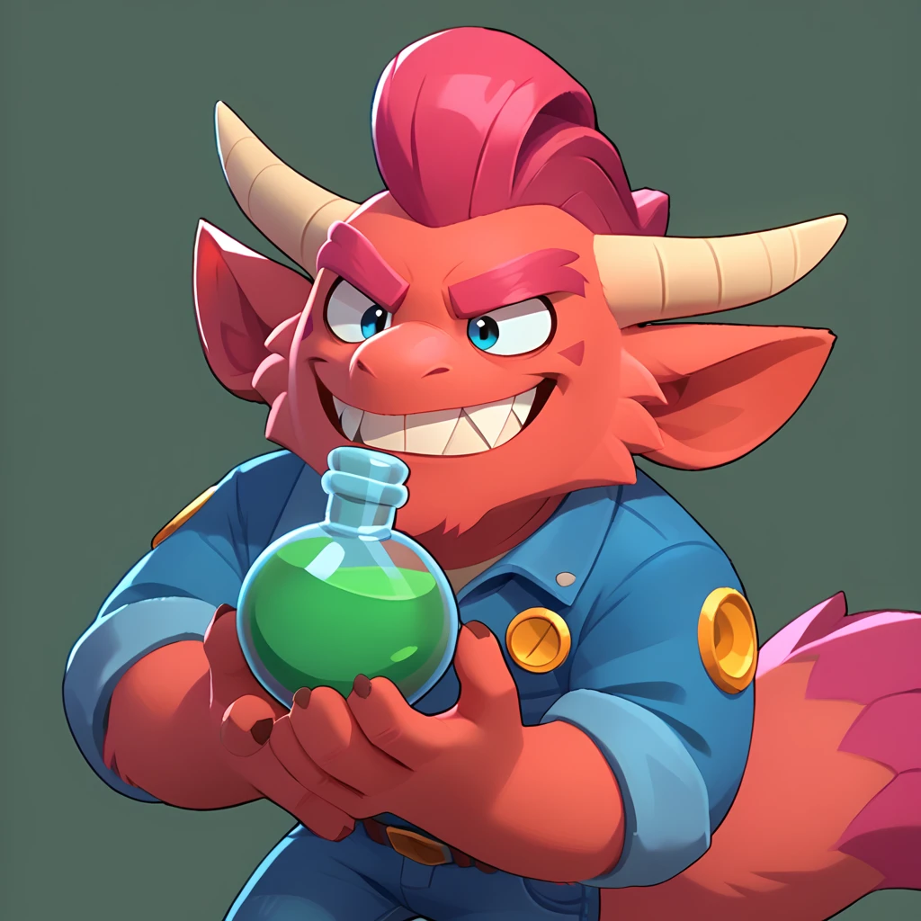 a rond blue furred monster, resembling Pop Fizz from Skylanders, who smiles, with pointy teeth, wearing jeans, and a green potion in his hand