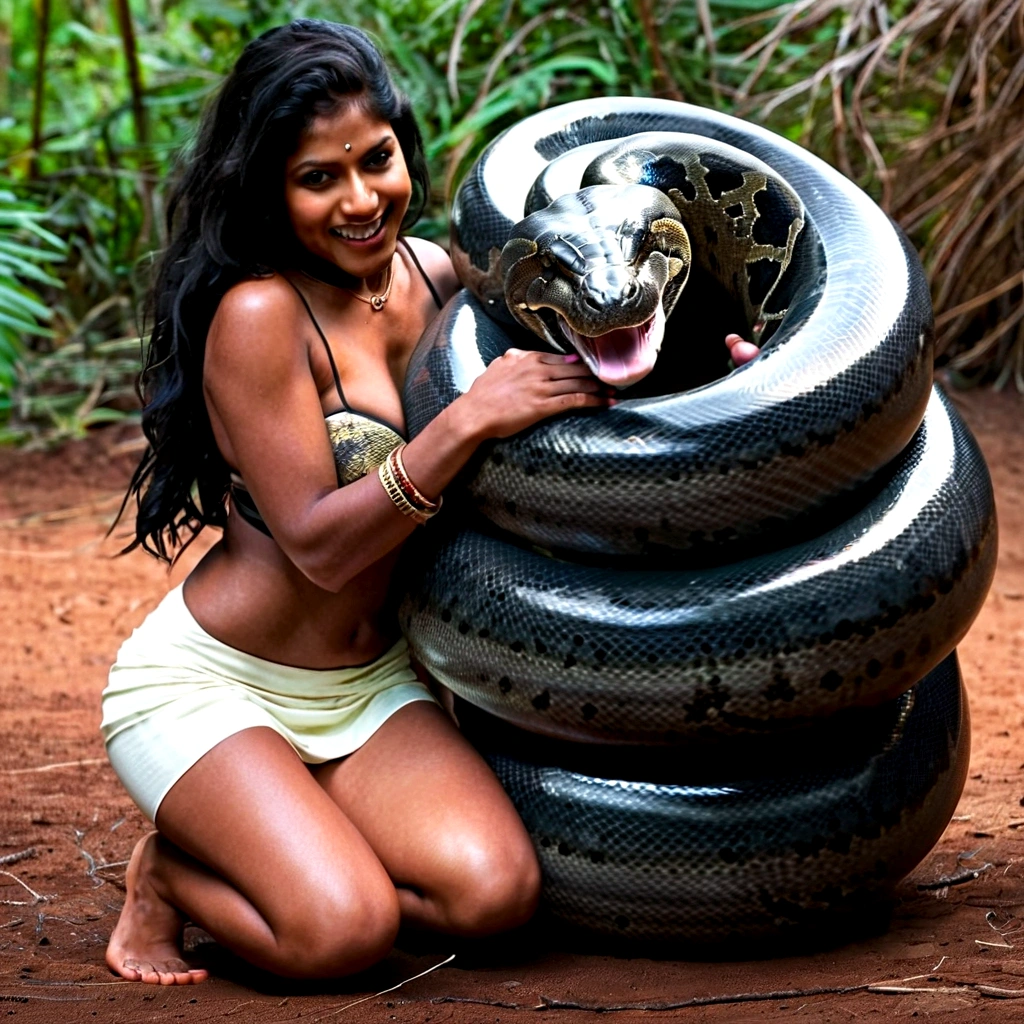    Happy Horny, aroused 1girl), beautiful kneeling indian  girl  with  giant colossal black titanboa squeezing her hard, wrapped in thick spiraling coils, constricted, struggle, gasping for air, snake attack, snake peril, moonless night, dim light