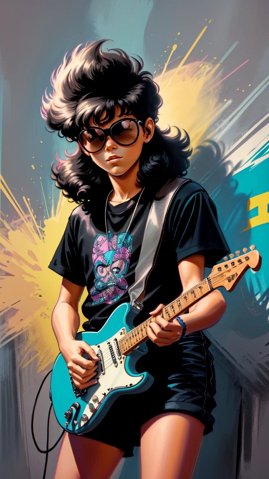 80s guitarist drawn cartoon style in black colors